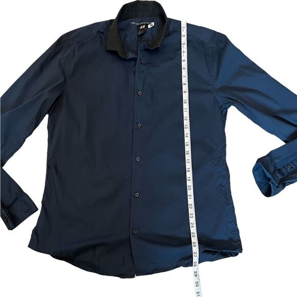 MENS H&M 5 Cotton Stretch Navy Blue Long Sleeve Button Up Dress Shirt L - Picture 8 of 8